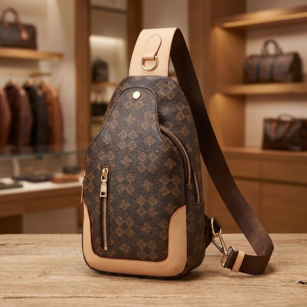 Brown PVC Crossbody Chest Bag – Women’s Geometric Pattern Sling with Front Zip Pocket