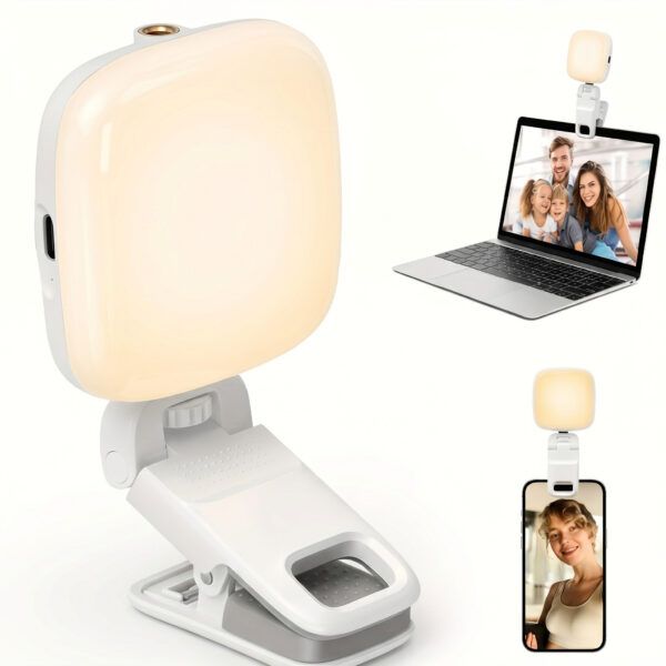 White Seashell Mini Clip-On LED Fill Light – Rechargeable Selfie Light for Meetings, Video Calls & Streaming