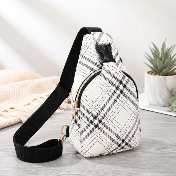 Checkered White Mini Plaid Sling Bag – Compact Crossbody Chest Pack with Front Pocket for Travel, Daily Carry & Streetwear Style