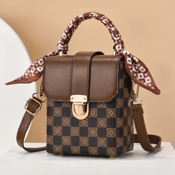 Brown Checkered Crossbody Satchel – Top Handle Vintage Style Bag with Buckle Clasp