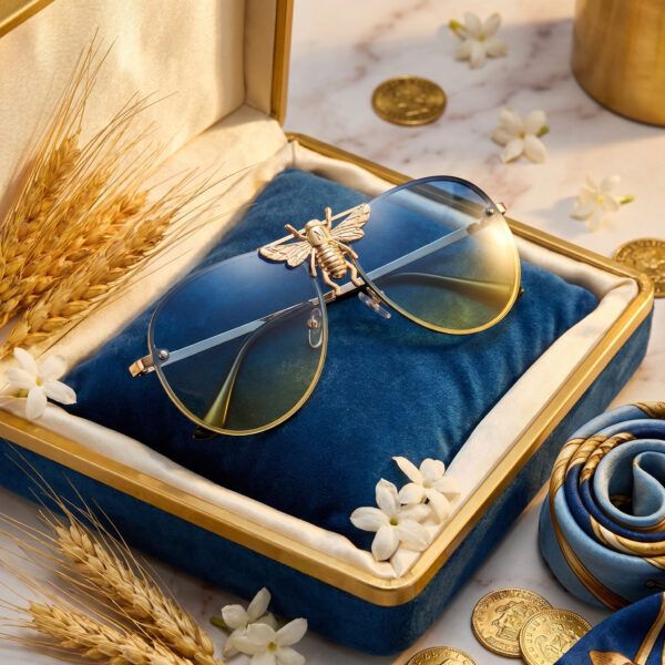 Round Oversized Gold Bee Luxury Designer Shades – Blue & Yellow Lens Trendy Fashion UV400 Protective Shades