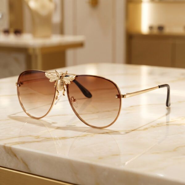 Round Oversized Gold Bee Luxury Designer Shades – Gradient Tea Brown Lens Trendy Fashion UV400 Protective Shades