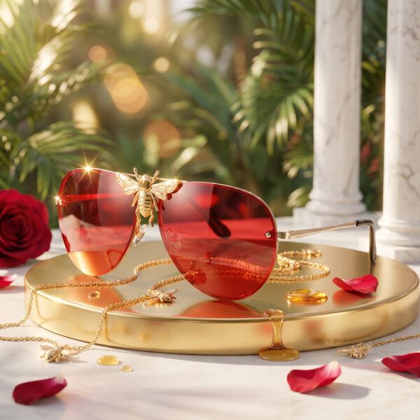 Round Oversized Gold Bee Luxury Designer Shades – Red Lens Trendy Fashion UV400 Protective Shades