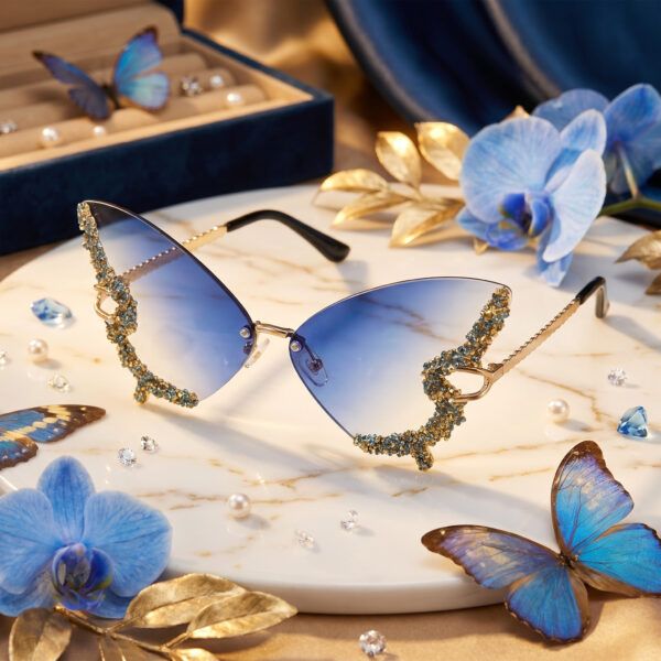Rhinestone Butterfly Sunglasses – Blue Rimless Oversized Crystal Fashion Shades for Women, Festivals & Trendy Style