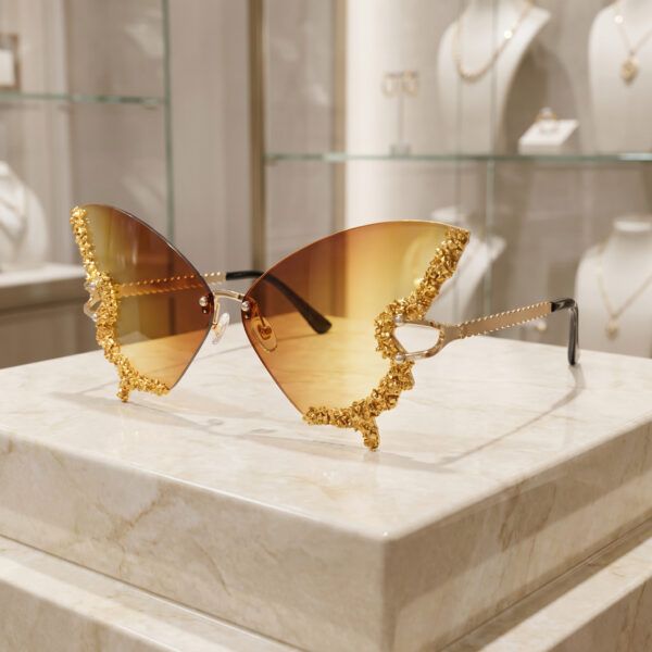Rhinestone Butterfly Sunglasses – Yellow Rimless Oversized Crystal Statement Shades for Women, Summer & Festival Wear