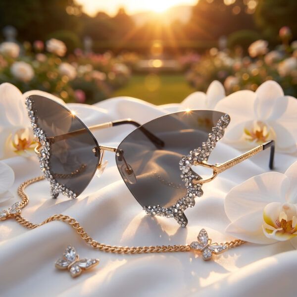 Rhinestone Butterfly Sunglasses – Black Rimless Oversized Diamond Fashion Shades for Women, Party & Everyday Glam