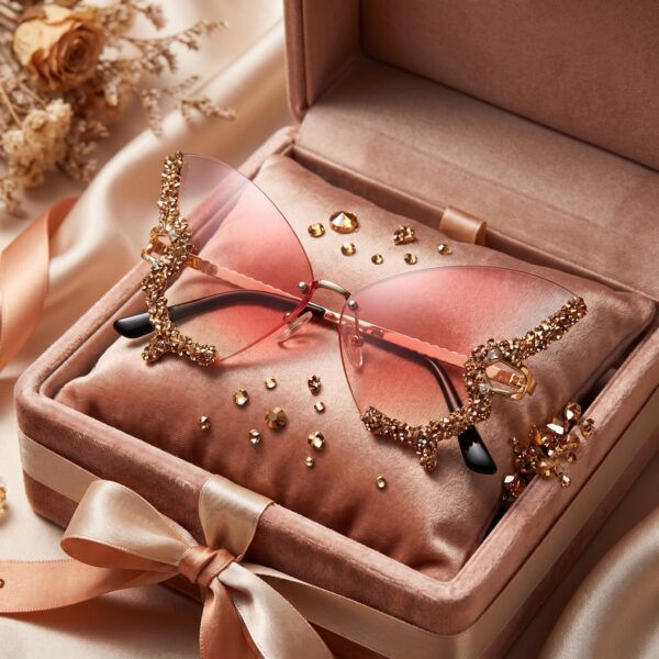 Rhinestone Butterfly Sunglasses – Pink Rimless Oversized Crystal Fashion Shades for Women, Parties & Trendy Style