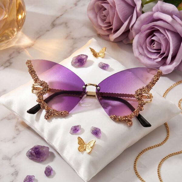 Rhinestone Butterfly Sunglasses – Purple Rimless Oversized Crystal Statement Shades for Women, Festival & Fashion Wear