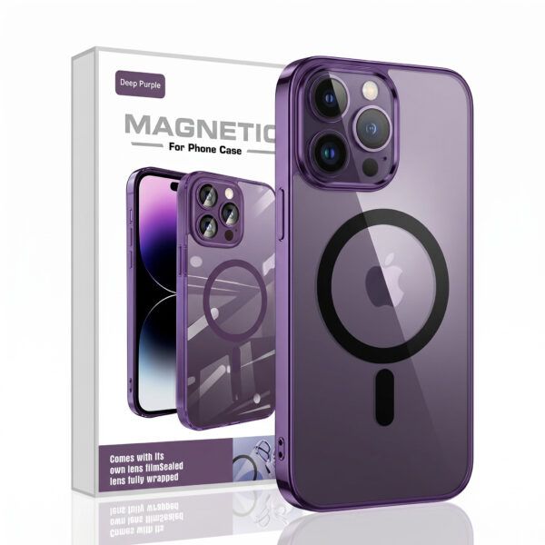 Magnetic Clear Shield iPhone Case – Deep Purple Edge MagSafe Shockproof Cover with Lens Protection