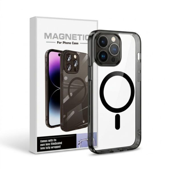 Magnetic Clear Shield iPhone Case – Black Edge MagSafe Shockproof Protective Cover with Lens Protection