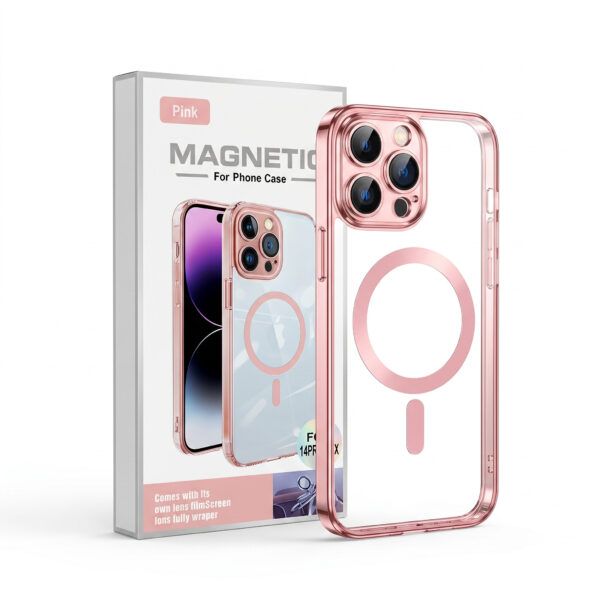 Magnetic Clear Shield iPhone Case – Pink Edge MagSafe Shockproof Protective Cover with Lens Protection