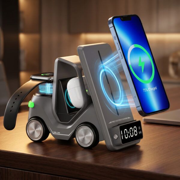 Black PowerDrive 4-in-1 Wireless Charging Station – Fast 15W Multi-Device Charger Stand with Clock Display for Phone, Earbuds & Smart Devices