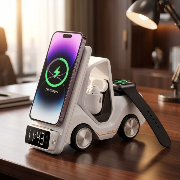 White PowerDrive 4-in-1 Wireless Charging Station – Fast 15W Multi-Device Charger Stand with Clock Display for Phone, Earbuds & Smart Devices