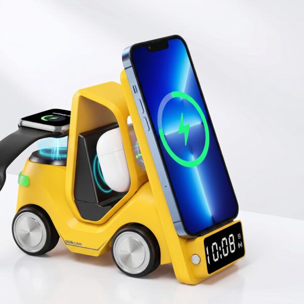 Yellow PowerDrive 5-in-1 Wireless Charging Station – Fast Multi-Device Charger Dock with Clock Display for Phone, Earbuds, Smartwatch & More