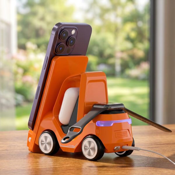 Orange PowerDrive 5-in-1 Wireless Charging Station – Fast Multi-Device Charger Dock with Clock Display for Phone, Earbuds, Smartwatch & More