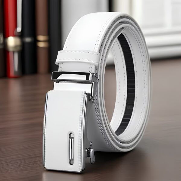 White Ratchet Belt – Sliding Buckle, Fits Jeans & Dress Pants